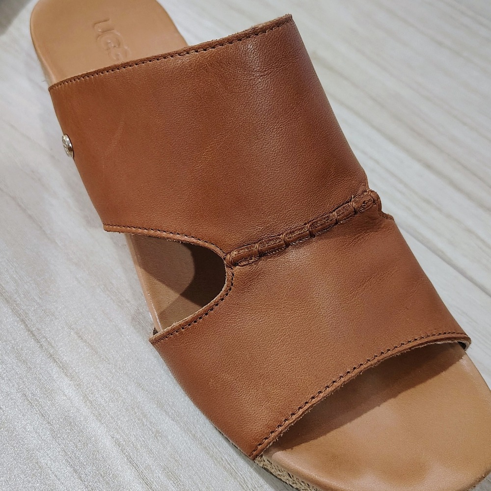 UGG Eirene Espadrille Wedge Sandals Women 10 Brown Leather Jute Boho Chic Resort - Picture 6 of 8
